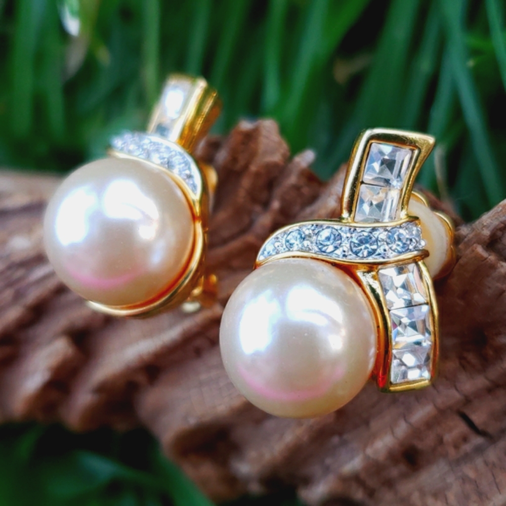 Vtg Kenneth Jay Lane Kjl Pearl Diamante Rs Earring - image 4